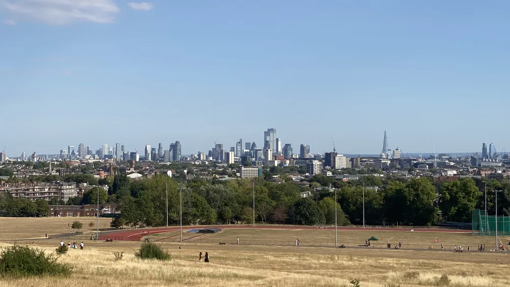 Parched grass on Hampstead Heath overlooking the London skyline during the 2026 drought Parched, straw-brown grass on Hampstead Heath overlooking the London skyline during the 2026 drought