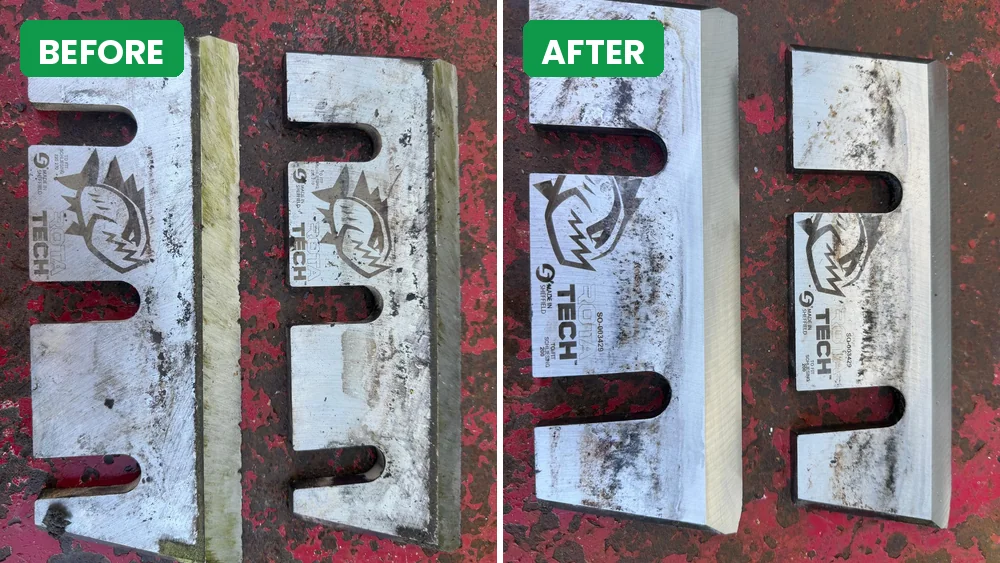 Wood chipper blades before and after sharpening at our Surrey yard Two wood chipper blades side by side before and after sharpening, showing the dull worn edge and the clean reground edge
